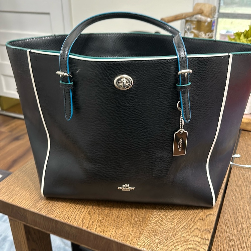 Coach tote bag, black with turquoise lining, great condition